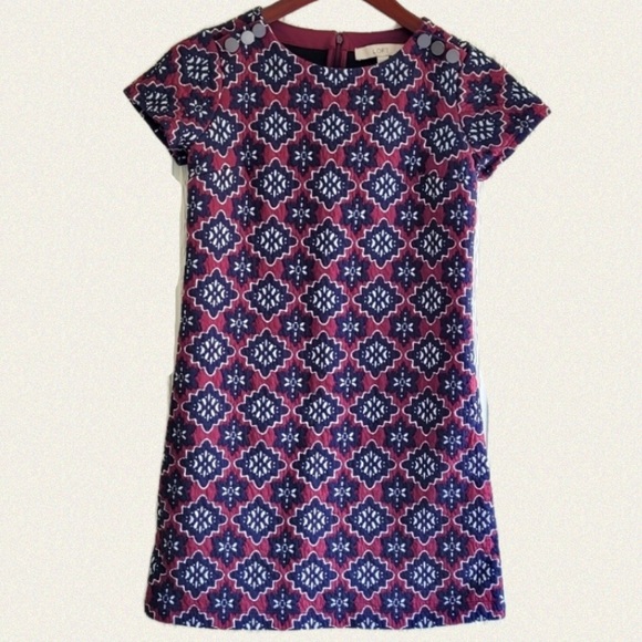 LOFT Jacquard Shift Dress. Navy - Burgundy Textured Fabric. EUC - Picture 5 of 10